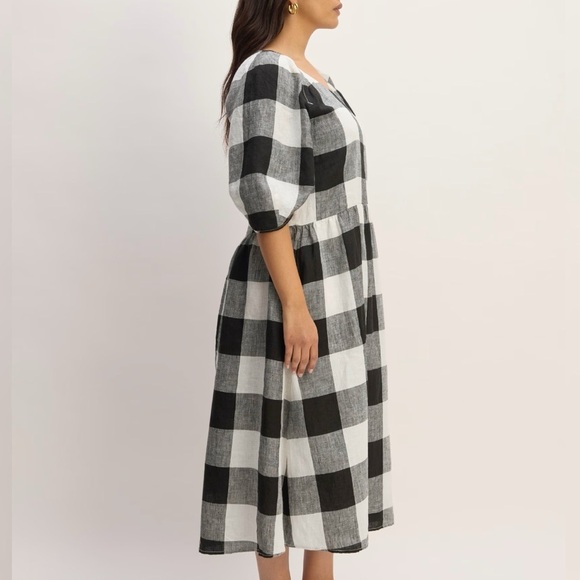 Everlane Linen Oversized Puff Sleeve Dress Bone Black Buffalo Plaid Preppy XS - Picture 2 of 15